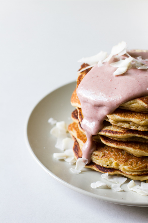 Roasted Strawberry + Coconut Cream Pancakes