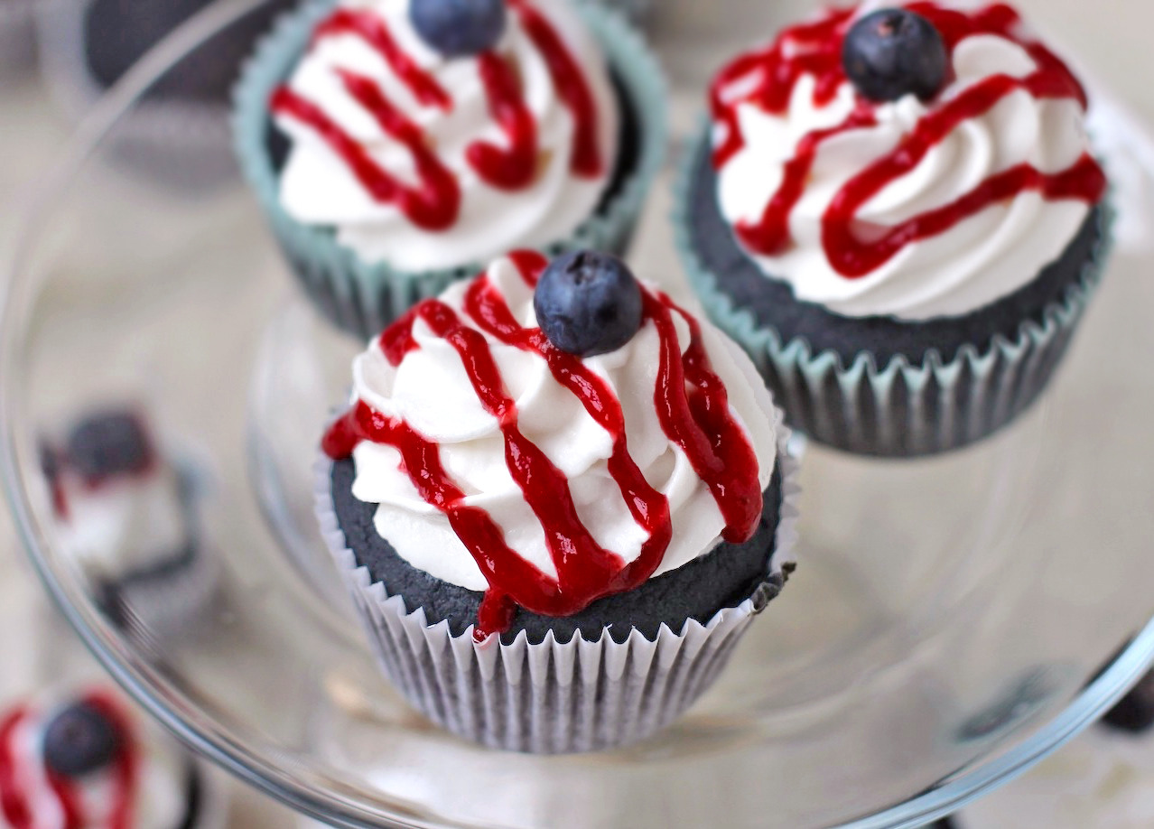 Recipe: Blue Velvet Cupcakes with White Coconut Frosting & Strawberry Syrup Drizzle