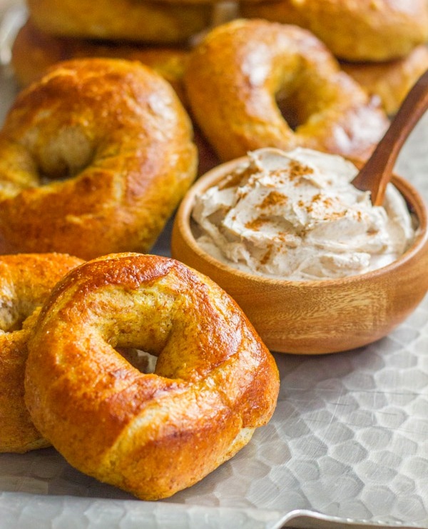 Whole wheat pretzel bagels with cinnamon sugar cream cheese