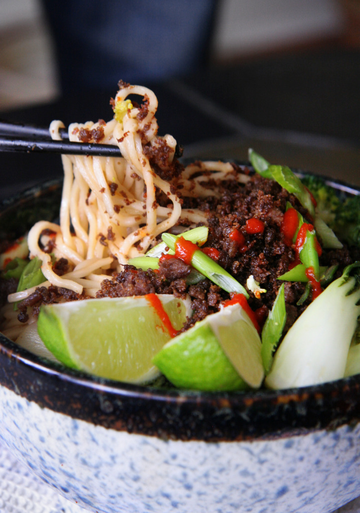Spicy Sriracha Soup Noodles with Crispy Ground Beef