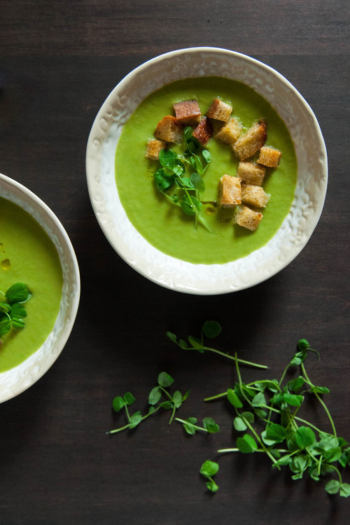 Pea & Leek Soup with Sourdough CroutonsSource