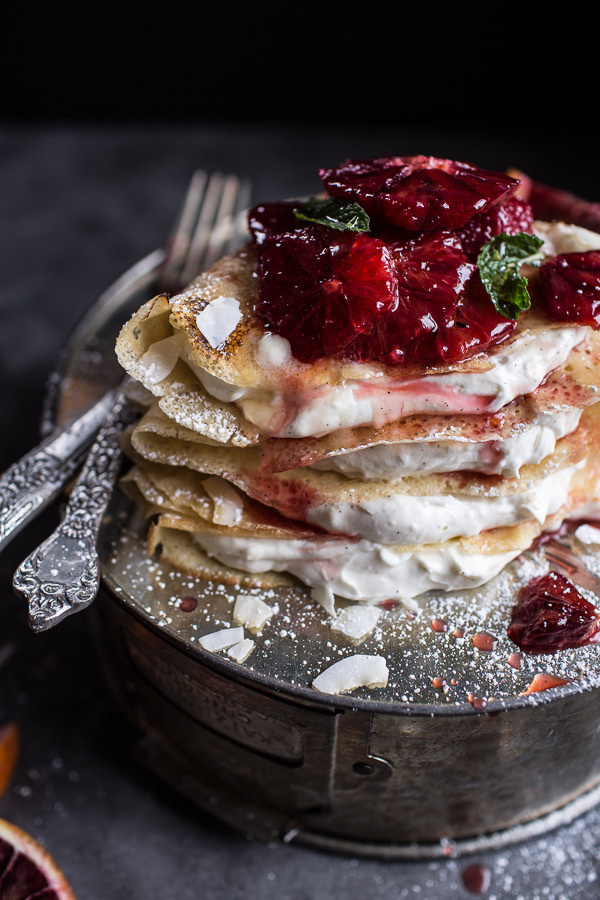 Coconut honey crepes with whipped mascarpone and blood orange compote