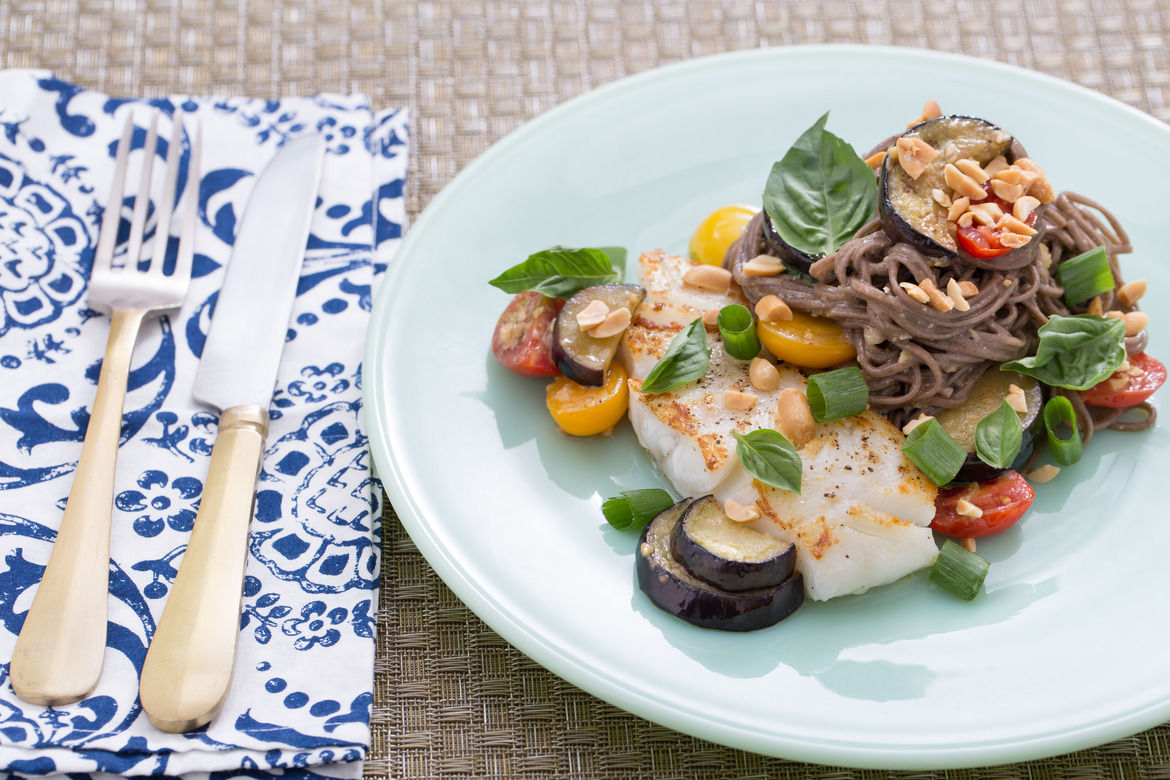 Cod & Miso Soba Noodles with Multicolored Cherry Tomatoes & Eggplant